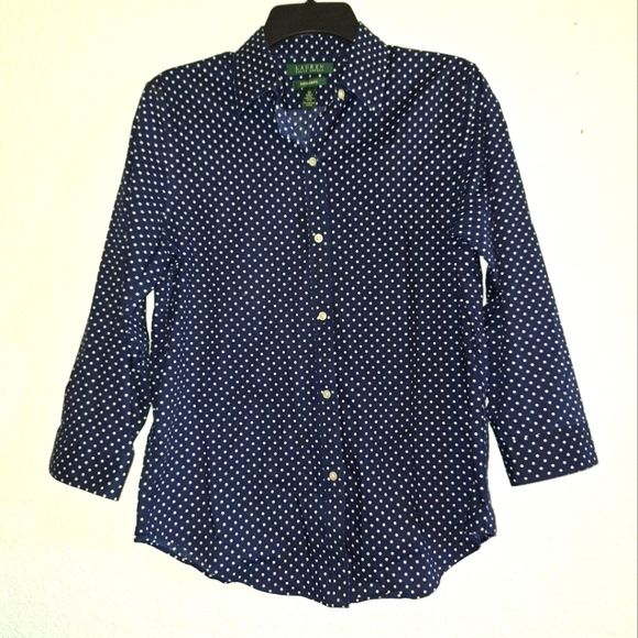 Lauren Ralph Lauren Navy Blue Polka Dot Button Down Shirt Non-Iron Medium - Picture 1 of 4